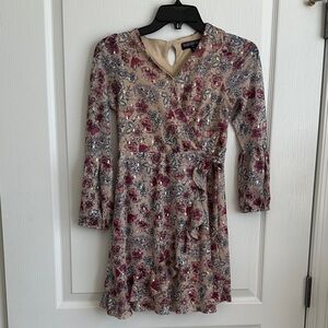 Three Hearts Beige Floral Wrap Dress Girls Medium with Burgundy and Navy Print